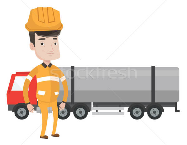 600x466 Worker On Background Of Fuel Truck Vector Illustration Andrei
