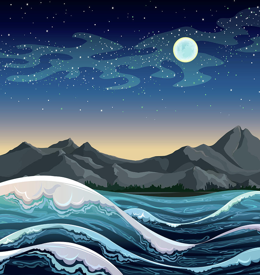 853x900 Night Sea With Waves And Mountains On A Starry Sky With Full Moon