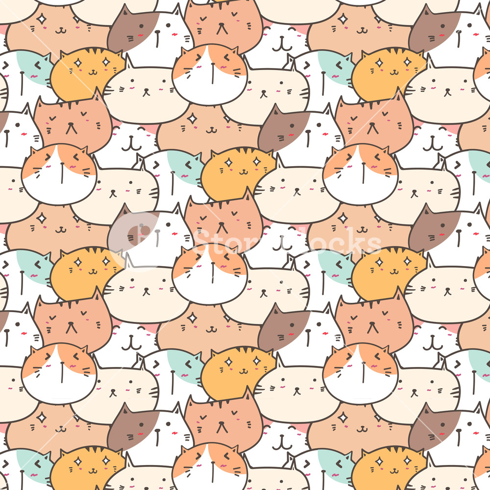 1000x1000 Cute Cats Vector Pattern Background Fun Doodle Handmade Vector