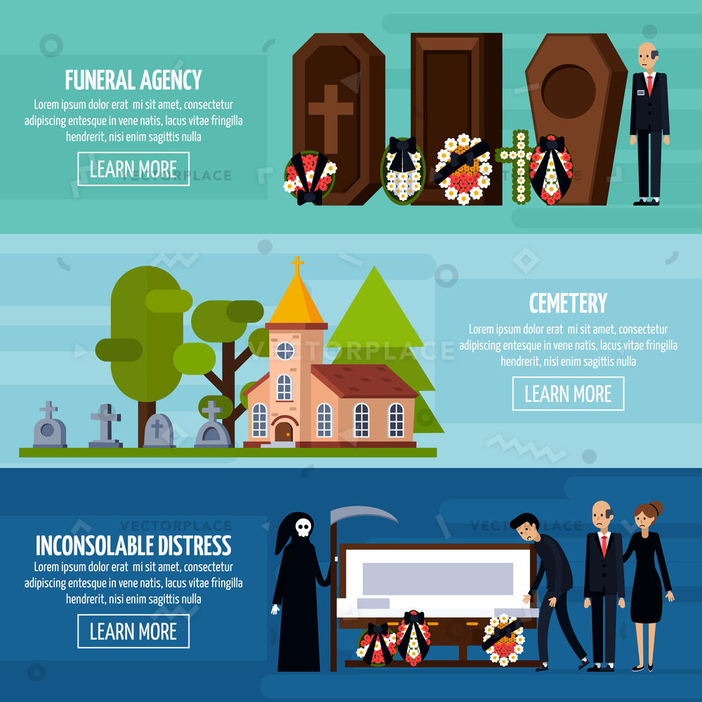 Three Horizontal Funeral Services Flat Banner Vector Illustration 1000x1000 Three Horizontal Funeral Services Flat Banner Vector Illustration