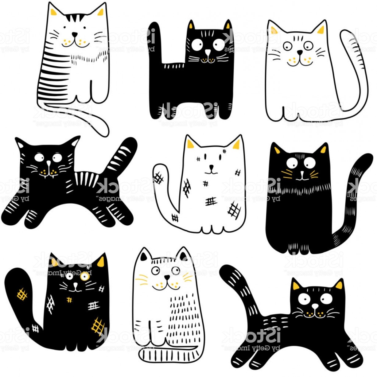 Collection Of Hand Drawn Cats Black And White Funny Cats Vector 1228x1228 Collection Of Hand Drawn Cats Black And White Funny Cats Vector