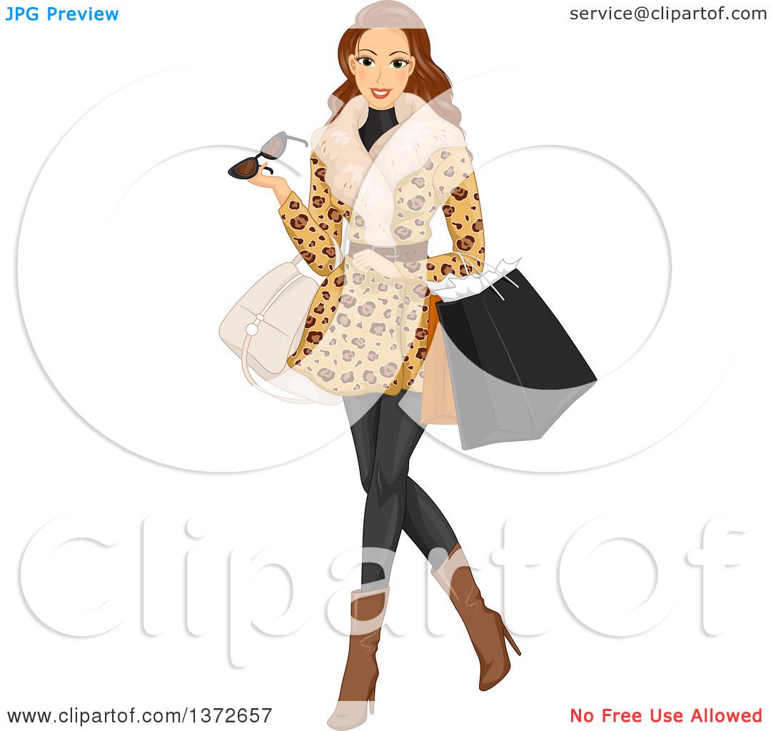 1080x1024 Clipart Of A Brunette White Woman Wearing A Fur Coat And Shopping