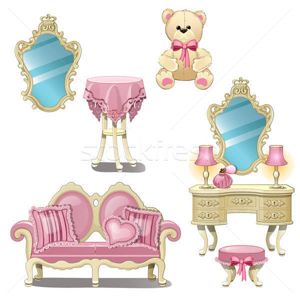600x600 Furniture For Interior Girl Room In Pink Color Isolated On White