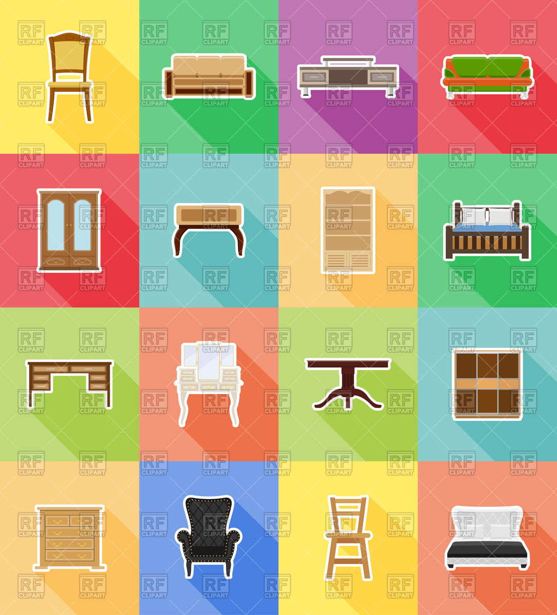 1086x1200 Furniture Set Flat Icons Isolated On Color Backgrounds Vector