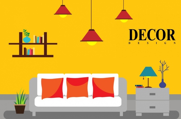600x395 Interior Decor Background Colored Furniture Icons Free Vector