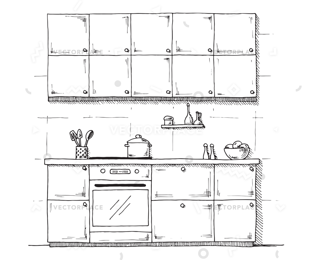 1000x835 Sketch Kitchen Furniture White Background Style Vector