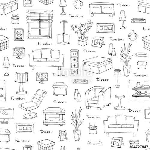 500x500 Vector Seamless Pattern Of Hand Drawn Furniture And Decorative