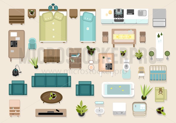 600x420 Interior Top View Elements Set Bedroom, Nursery, Living Roon