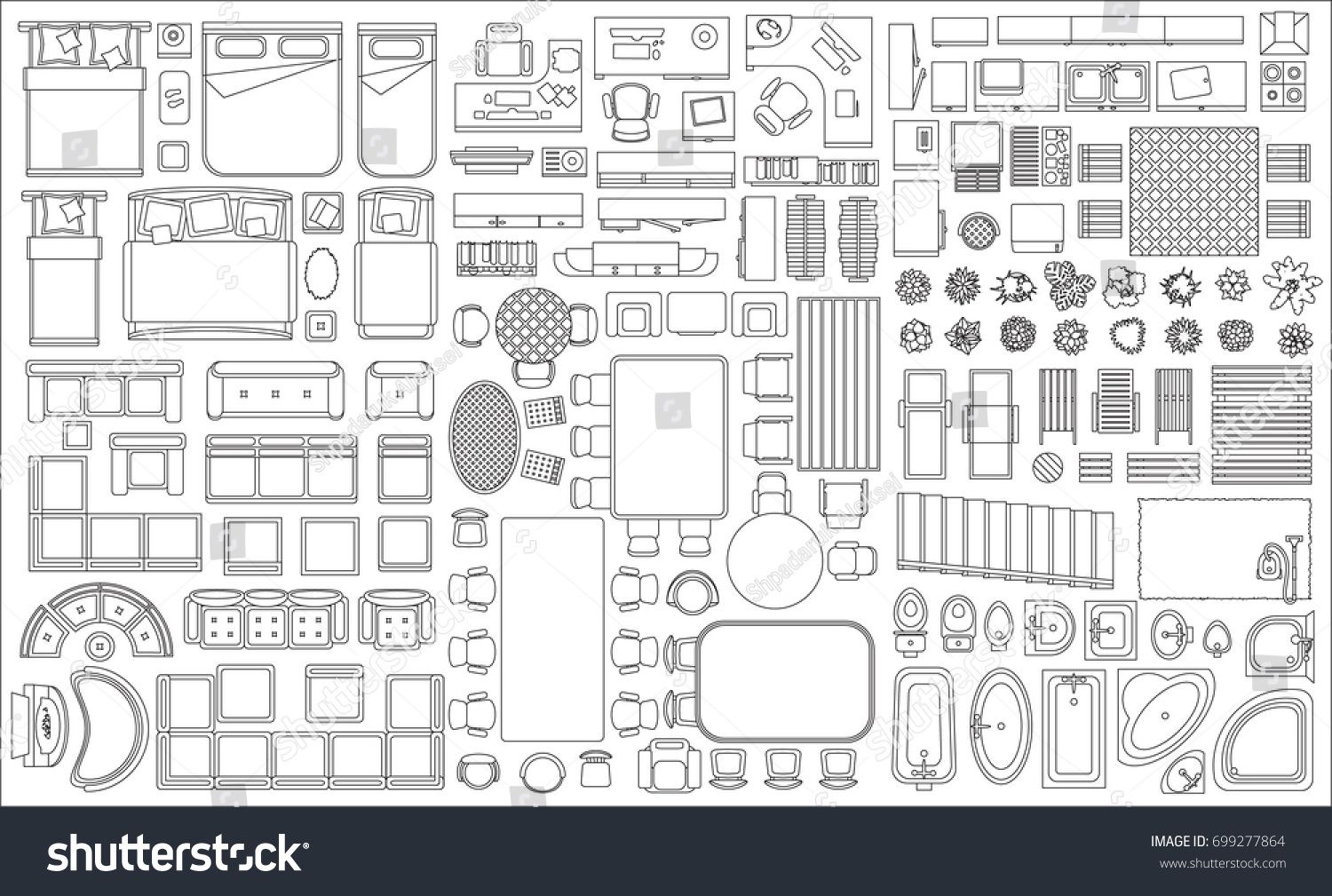 1500x1009 Set Of Linear Icons Interior Top View Isolated Vector