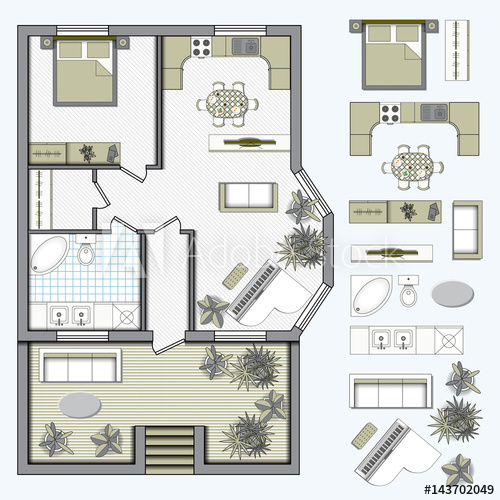 500x500 Architectural Color Floor Plan With Furniture Top View One