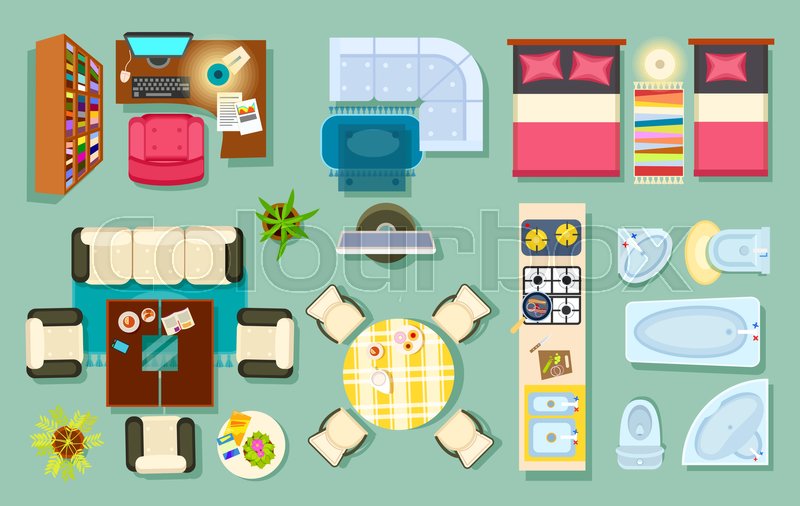 800x506 Flat Interior Top View Living Room, Stock Vector Colourbox
