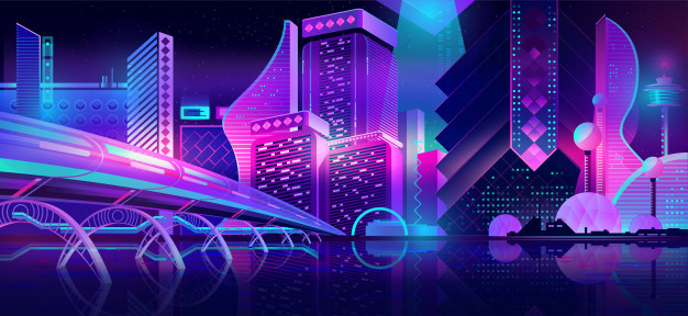 626x288 Future City Night Landscape Neon Cartoon Vector Free Download