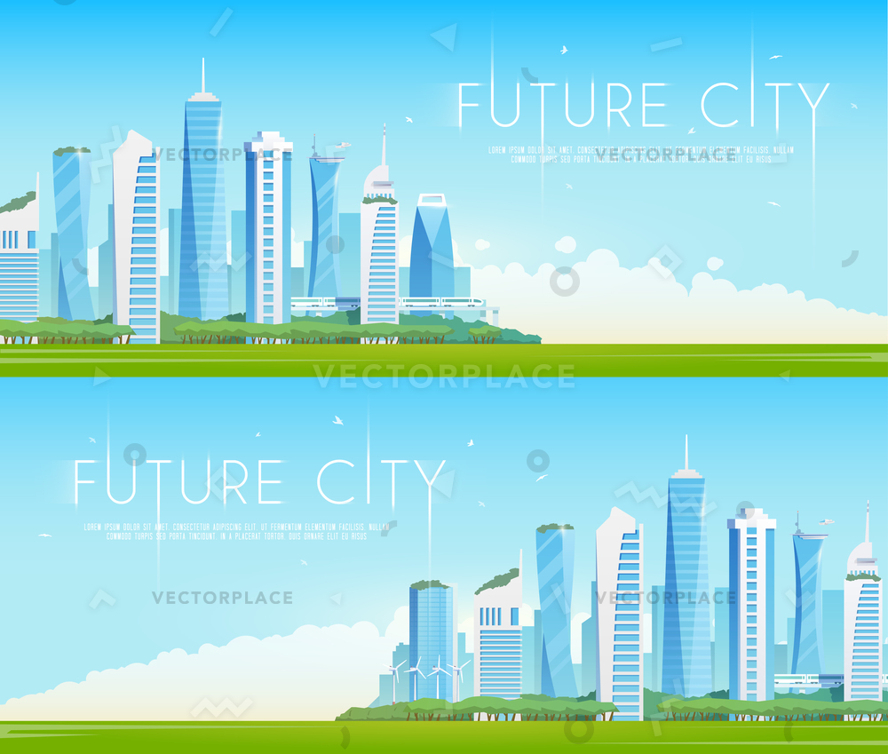 1000x849 Flat Banners Future City Modern Buildings Vector Illustration