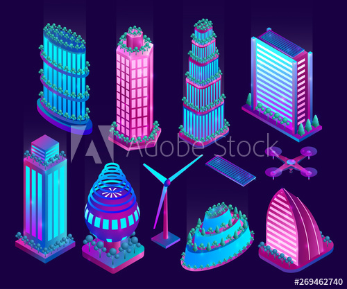 Illuminated Neon Skyscrapers And Objects Of Futuristic City 500x417 Illuminated Neon Skyscrapers And Objects Of Futuristic City