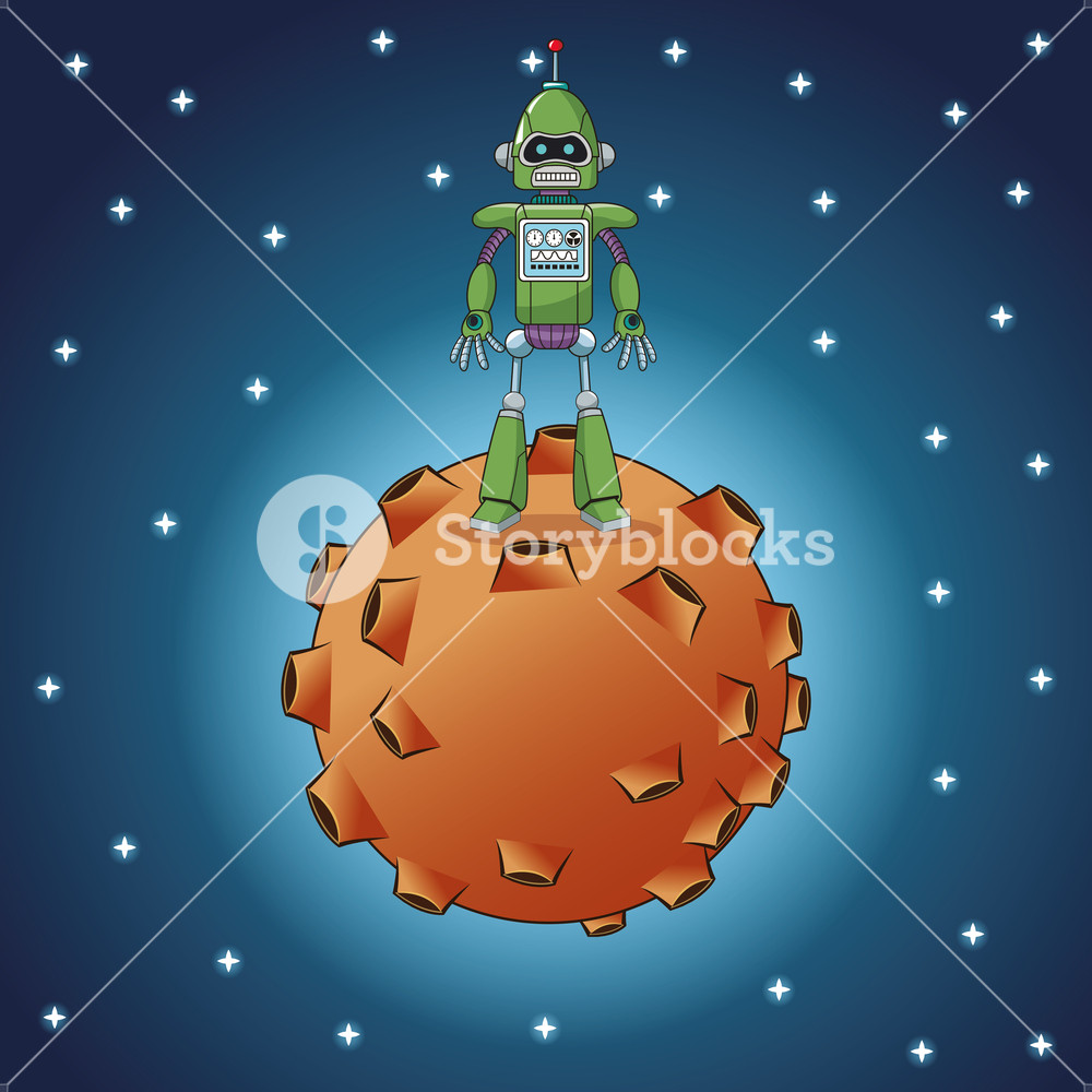 1000x1000 Green Robot Technology Moon Galaxy Vector Illustration