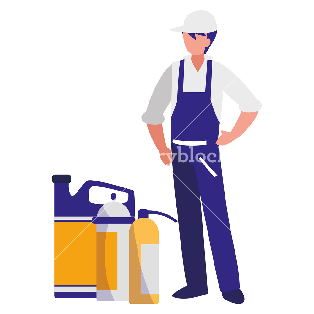 Mechanic Worker With Extinguisher Fire And Oil Gallon Vector 1000x1000 Mechanic Worker With Extinguisher Fire And Oil Gallon Vector