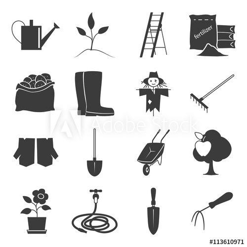 500x500 Set Of Garden Tools, Icons Gardening Equipment Silhouette