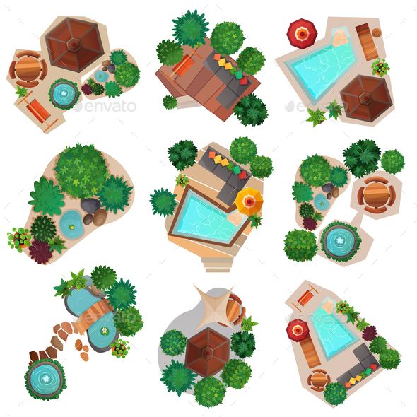 590x590 Landscape Compositions Top View Set With Pond Or Pool, Trees