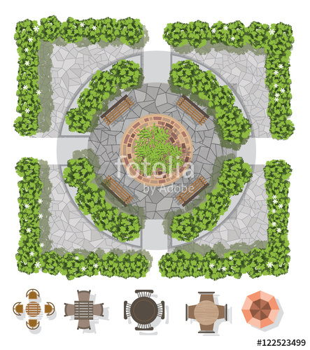 443x500 Landscape Design Composition With Top View Gardening And Furniture