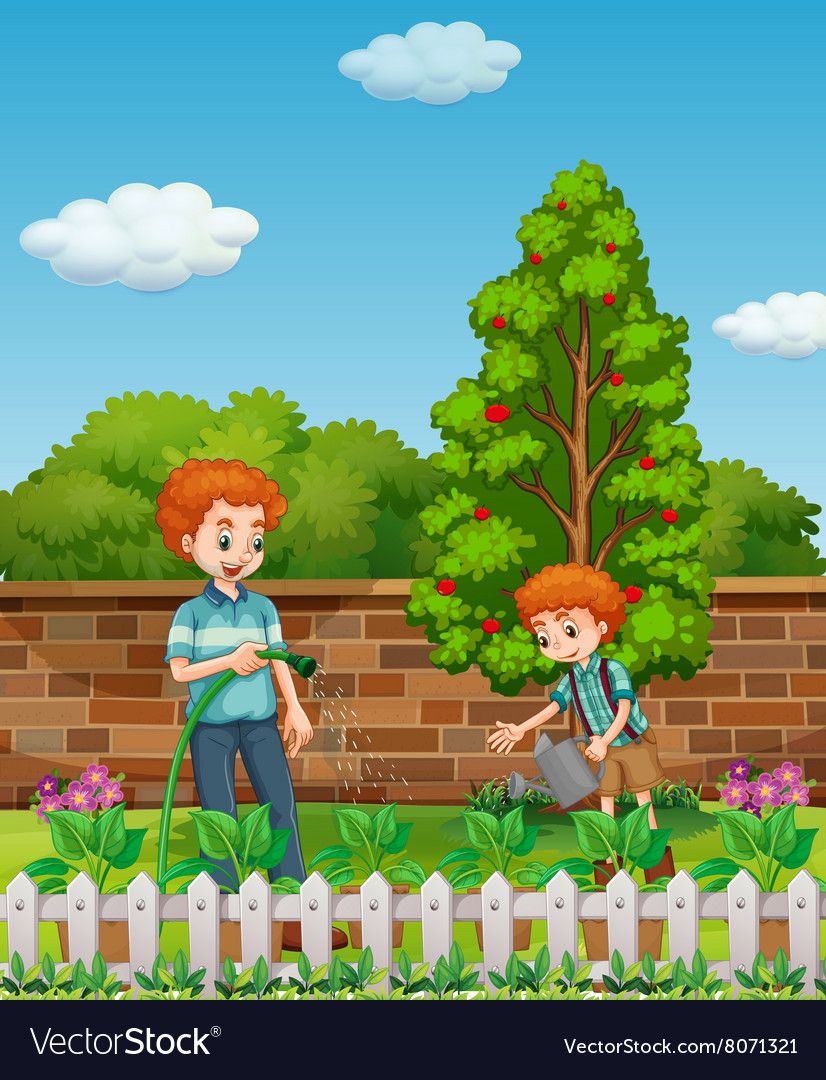 826x1080 Father And Son Watering Plants In The Garden Vector Image