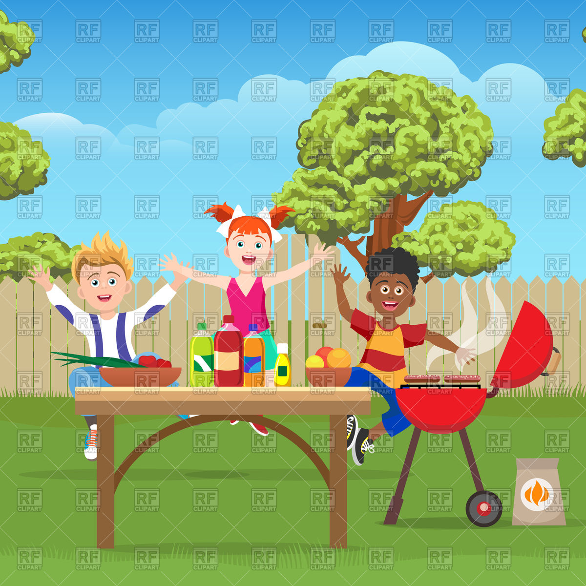 1200x1200 Joyful Active Kids On Barbecue Picnic In Green Garden Vector Image