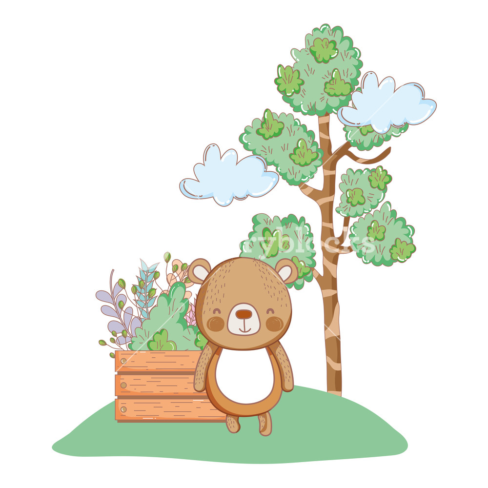 1000x1000 Cute Little Bear In The Garden Vector Illustration Design Royalty