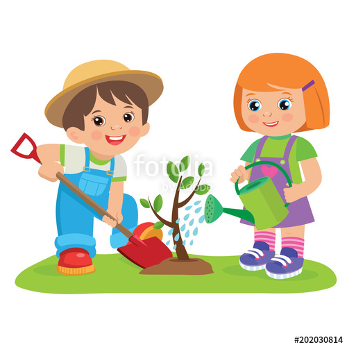 500x500 Cute Cartoon Girl And Boy Working In The Garden Vector