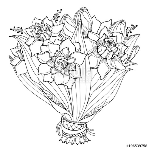 500x500 Vector Bride Bouquet With Outline Gardenia Flower, Bud And Ornate