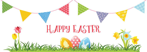 599x215 Easter Eggs, Flowers And Garland, Vector Art Print