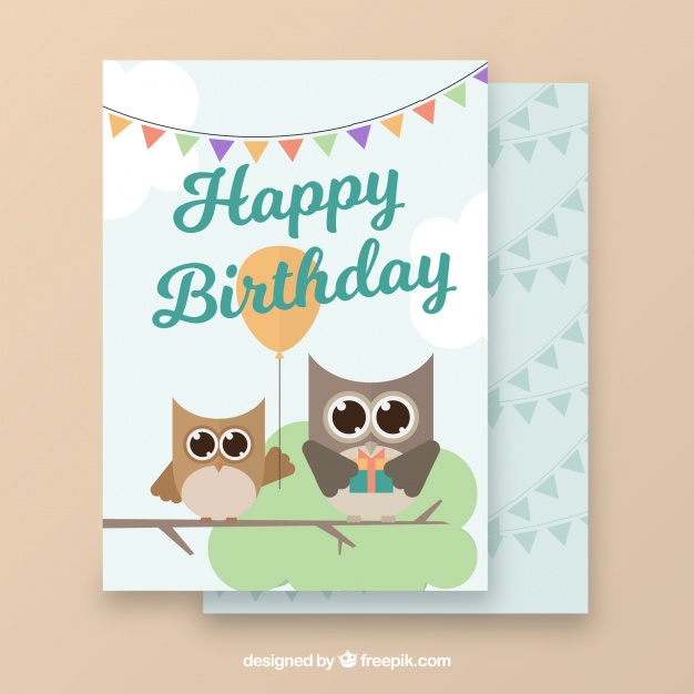 626x626 Birthday Greeting Card With Flat Owls And Garland Vector Free