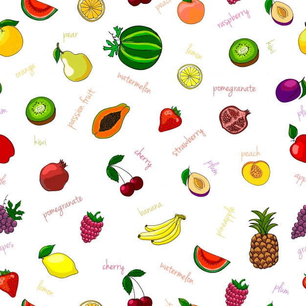 626x626 Fresh Fruits Seamless Pattern With Pear Watermelon Kiwi And Garnet