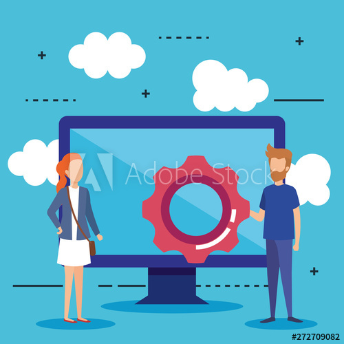 500x500 Mini People With Computer And Gear Vector Illustration Design