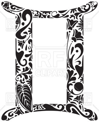 326x400 Gemini Zodiac Sign Made Of Black Floral Ornament Vector Image