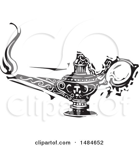 450x470 Clipart Of A Genie Aladdin L In Black And White Woodcut Style