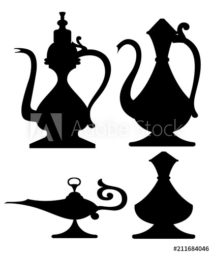 417x500 Black Silhouette Set Of Arabic Jug And Oil Lamp Illustration