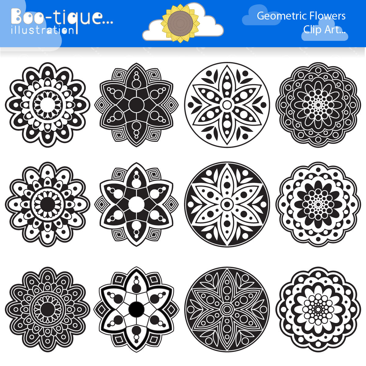 Black And White Geometric Flowers Digital Clipart Rangoli Clipart 1200x1200 Black And White Geometric Flowers Digital Clipart Rangoli Clipart