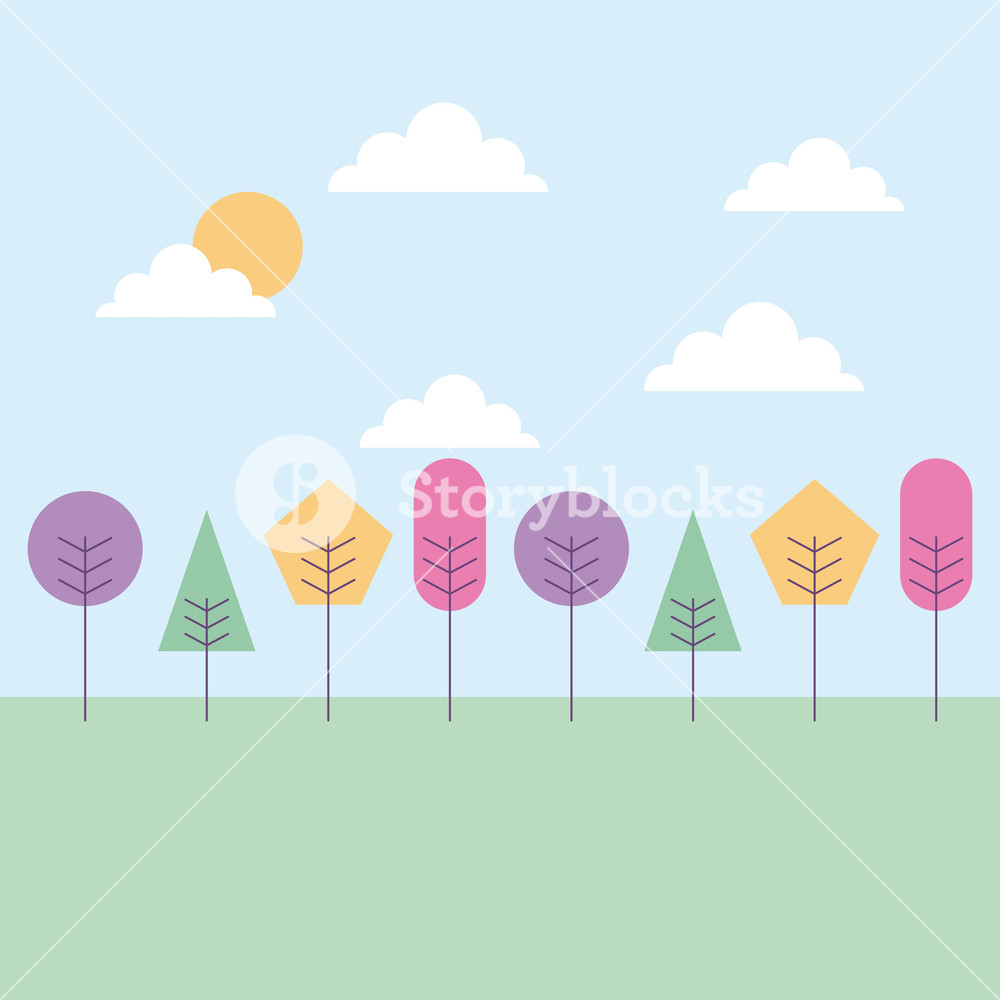 1000x1000 Cartoon Landscape Trees Shape Geometric Clouds And Sun Vector
