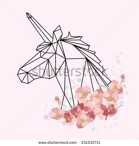 450x470 Vector Color Illustration With Geometric Unicorn Head And Flowers