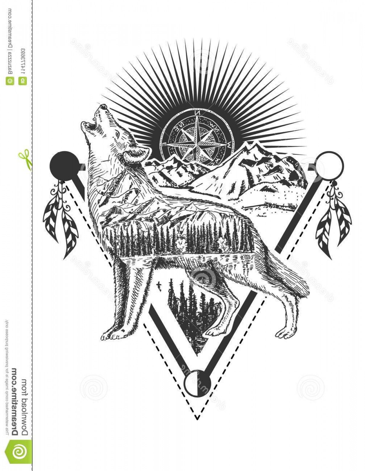1210x1560 Vector Animal Tattoo T Shirt Print Design Howling Wolf Combined