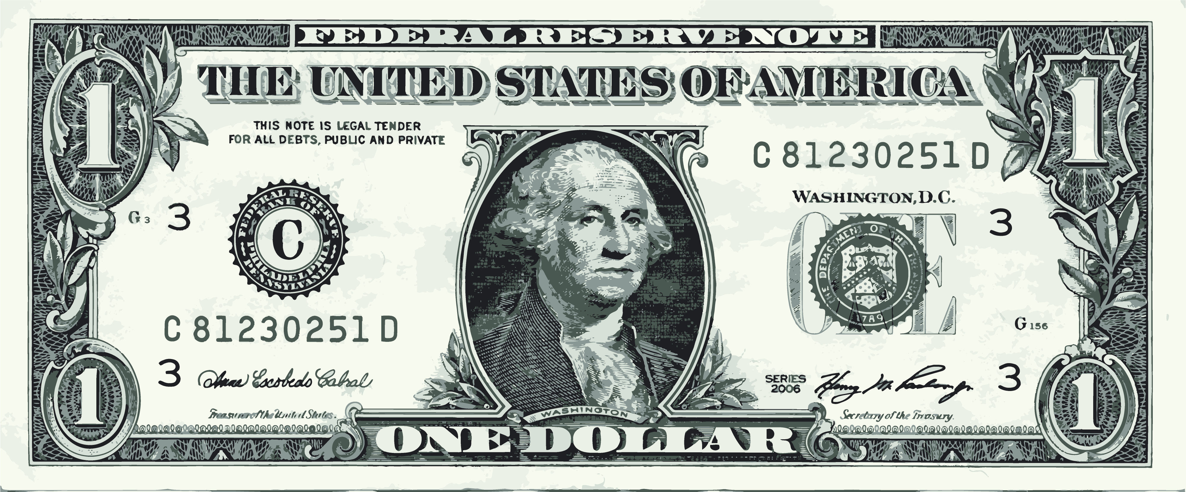 4000x1661 George Washington One Dollar Bill Vector Graphic Art Free Vector
