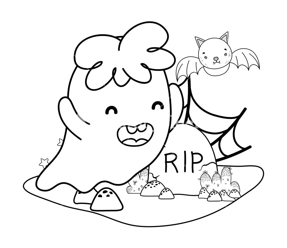 1000x867 Outline Ghost With Bat And Rip Stone With Spiderweb Vector