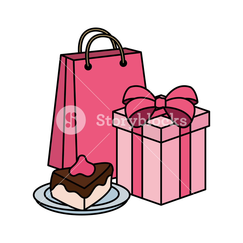 1000x1000 Sweet Cake Portion With Gift And Shopping Bag Vector Illustration
