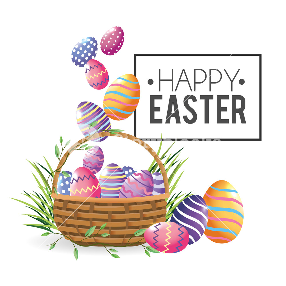1000x1000 Easter Eggs Decoration With Grass Inside Basket Vector