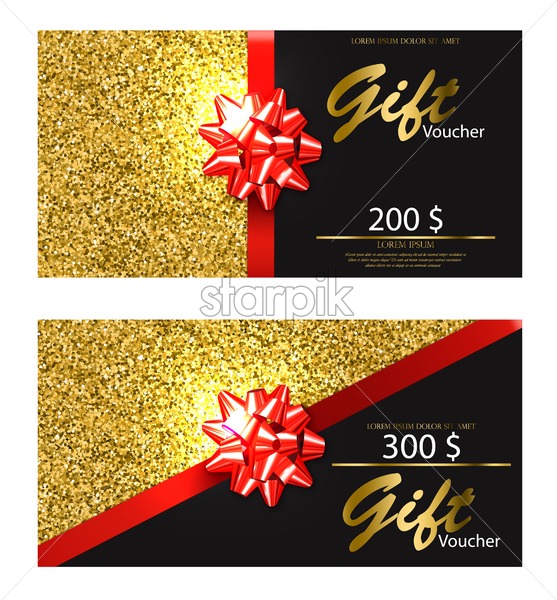 557x600 Gift Voucher Vector Realistic Golden Glitter Card With Red Bow