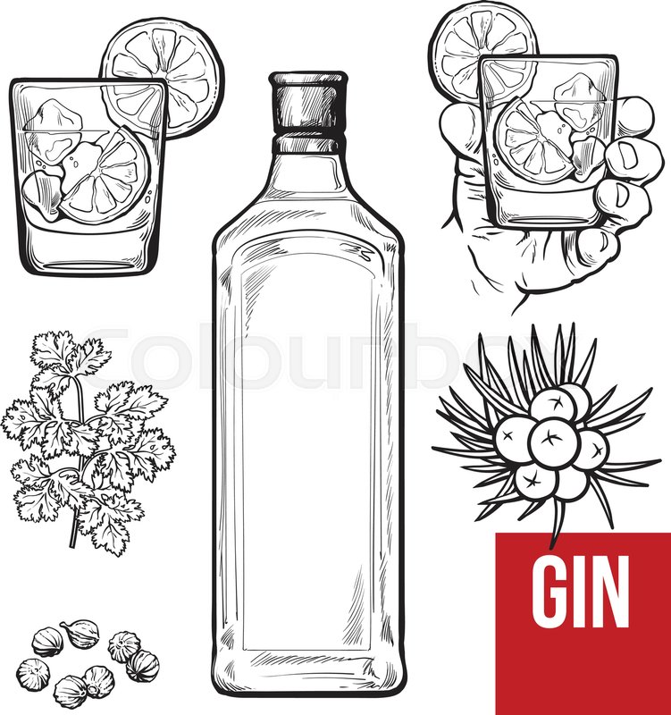 751x800 Gin Bottle, Shot Glass With Ice And Stock Vector Colourbox