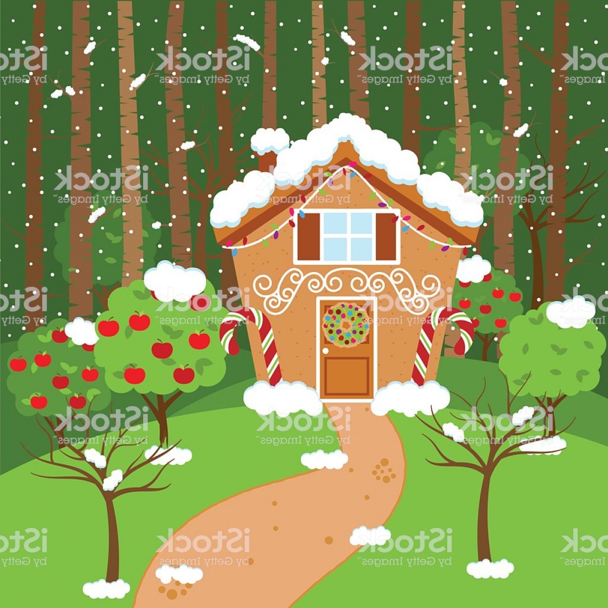 1228x1228 Cute Vector Background With Holiday Gingerbread House Snow