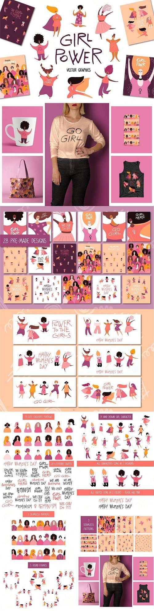 500x1975 Girl Power Vector Set, Art Quotes