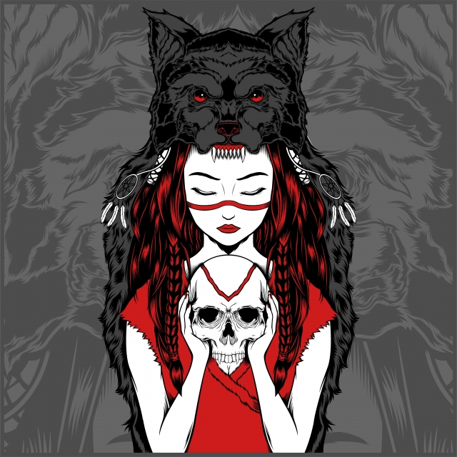 640x640 Native American Girl With Wolf Headdress Handling Skull Vector
