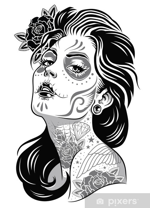 506x700 Black And White Day Of Dead Girl Vector Illustration Wall Mural