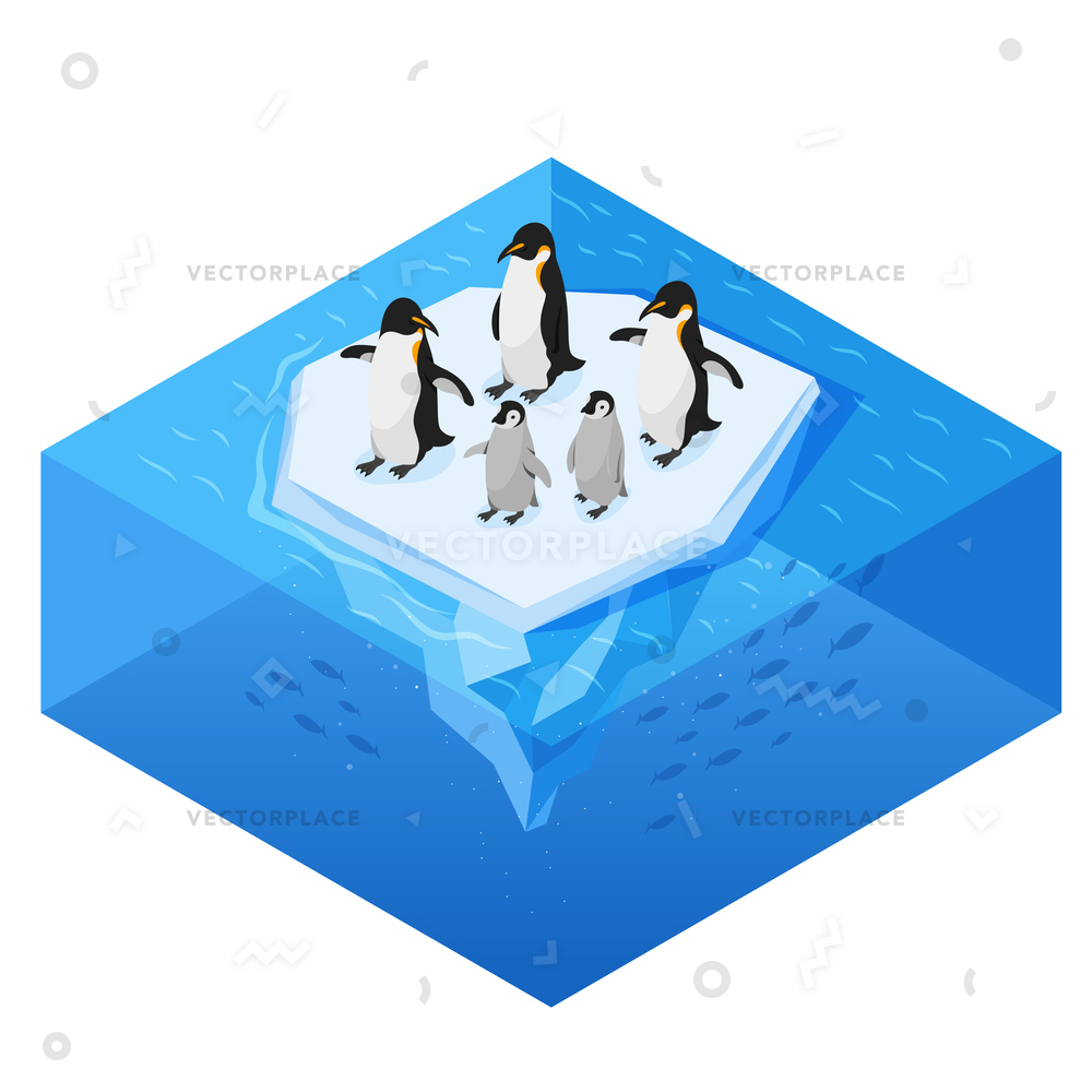 1000x1000 Isometric Realistic Style Penguins Glacier Vector Illustration
